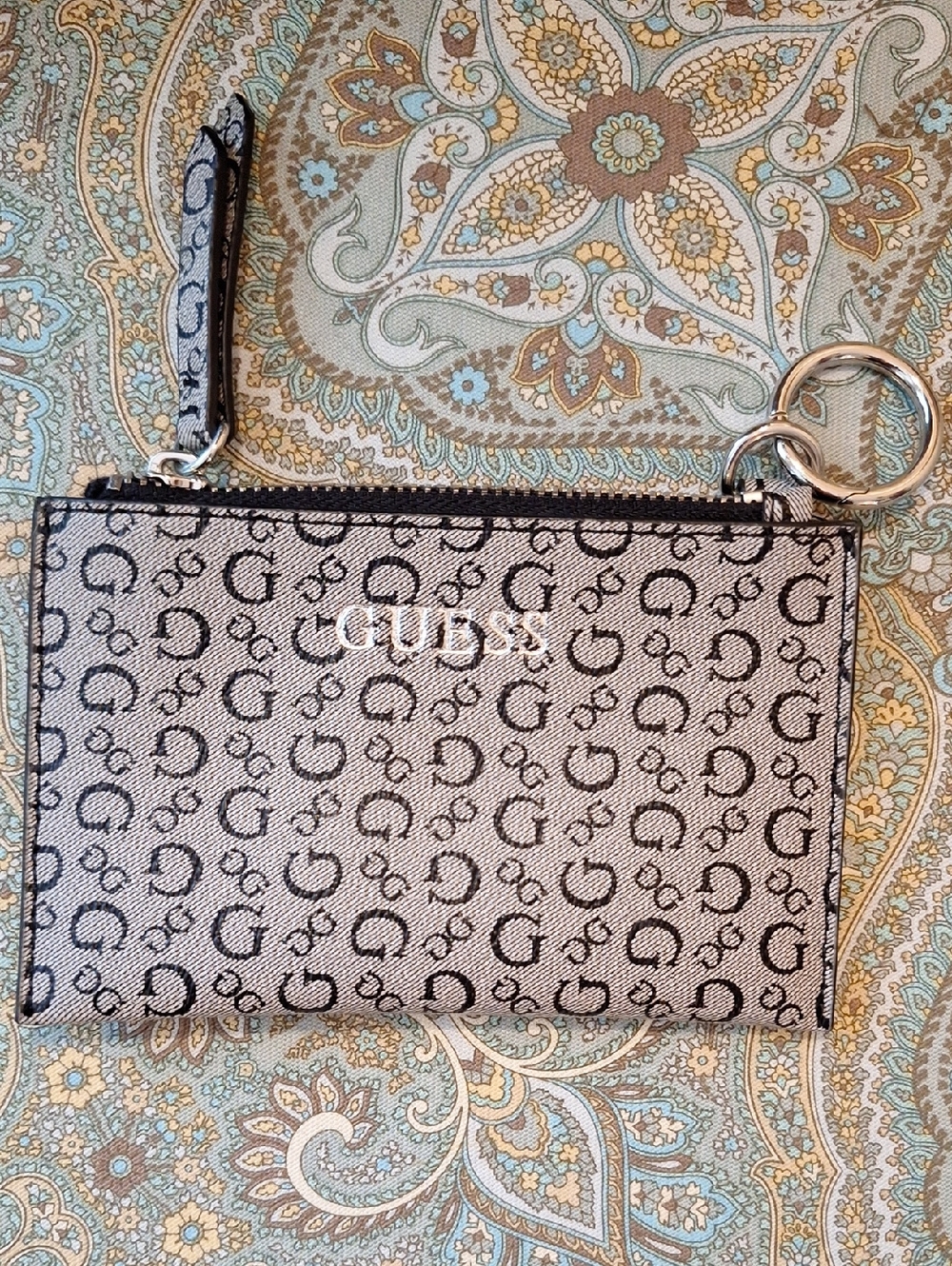 Guess Black and Gray Signature Zip Key Chain Attachable Wristlet.